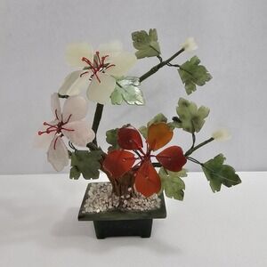 Vintage 6" JADE W/AGATE & CARNELIAN Quartz Stone BONSAI TREE Chinese Hand Carved